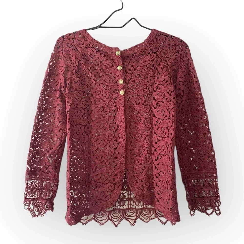 Zara Crochet Lace Eyelet Blouse See Through Maroon Top Women’s Size XS